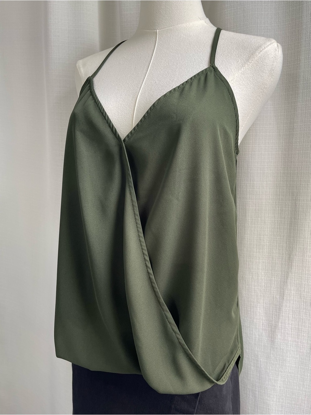 Subversive Basic Boho Chic Olive Green Surplice Faux Wrap Halter Cami Top Tank M